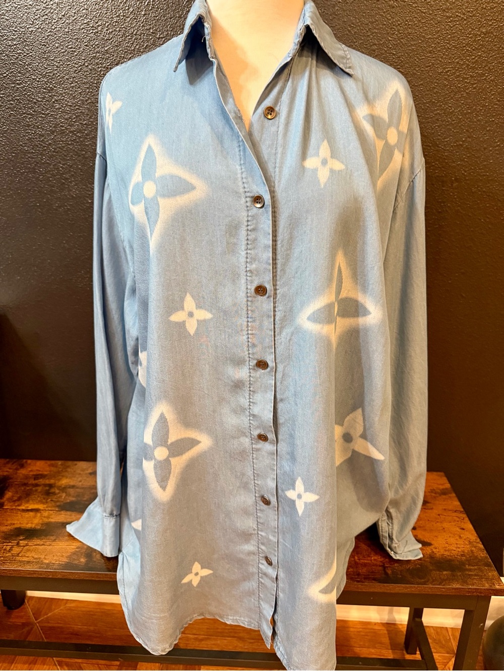 Light Blue Button-Down Shirt with White Motif